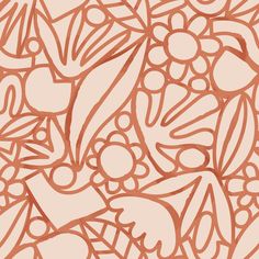 an abstract drawing of flowers and leaves on a light pink background with brown lines in the center