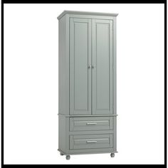 an armoire with two drawers and one door on the bottom, is shown in grey