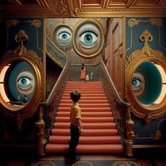 a boy standing on the stairs in front of an eyeballed staircase with red carpet