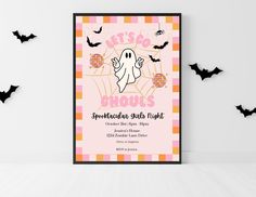 a halloween party flyer with bats and ghost on the wall in pink, orange and black