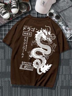 Men’s Graphic Tees, Graphic Shirts Men, Brown Graphic Tee, Graphic Tees Men, Dragon Japanese, Japanese Letter, Graphic Clothing, Graphic Y2k, Cool T Shirt Designs