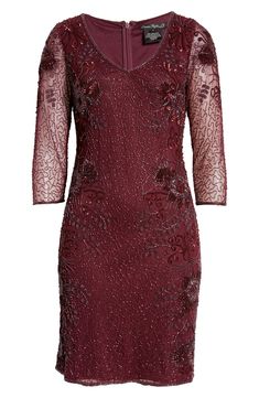 A curve-skimming mesh sheath makes an opulent choice for red-letter events with artfully swirled floral beading with light-catching shimmer. 37 1/2" length (size 8) Hidden back-zip closure V-neck Three-quarter sleeves Lined, except sleeves 100% rayon Spot clean Imported Special Occasion Elegant Beaded Evening Dress For Holiday, Holiday Sequined Mother Of The Bride Dress, Holiday Embellished Fitted Mother Of The Bride Dress, Beaded Evening Dress For Holiday, Beaded Holiday Evening Dress, Elegant Embellished Burgundy Dresses, Holiday Beaded Evening Dress, Mesh Cocktail Dress, Cocktail Dress Nordstrom