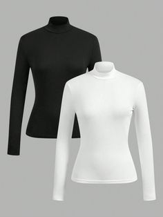 2pcs Women High Neck Tight Fit Long Sleeve Base Layer T-Shirt Set, Suitable For Autumn/Winter Black and White Casual    Plain  Medium Stretch  Women Clothing, size features are:Bust: ,Length: ,Sleeve Length: Winter Black And White, Layered T Shirt, Ribbed Knit Sweater, Kids Sleepwear, Casual Sets, Inspiration Mode, White Casual, Maternity Bag, Base Layer