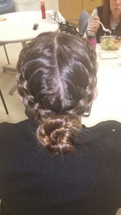 French Braid To A Bun, Two Braids To A Bun, Hair Braided Into Bun, Braids That Go Into A Bun, 2 Braids With Buns In Back, How To Do A Bun For Sports, Cute Buns For Dance, French Braids Into Low Bun, Two Braids Into One Bun