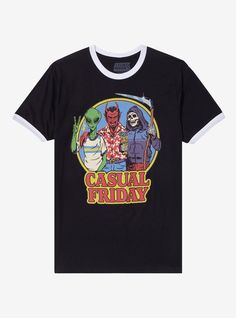 Just a casual Friday for us! Hang out with the homies with this Steven Rhodes ringer tee on  featuring an alien  the devil and the Grim Reaper in casual clothes.52% cotton; 48% polyesterWash cold; dry lowImportedListed in men'sunisex sizes Casual Graphic T-shirt For Fan Conventions, Casual Halloween T-shirt For Streetwear, Casual Halloween T-shirt, Casual Halloween T-shirt With Graphic Print, Steven Rhodes Shirts, Casual Short Sleeve T-shirt With Band Logo, Casual Band Logo T-shirt, Casual Halloween Graphic T-shirt, Casual Halloween Graphic Tops