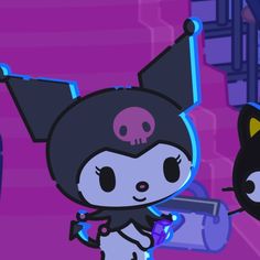 a cartoon character with a skull on her head and a black cat in the background