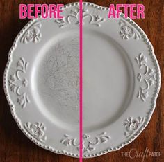 before and after photos of a white plate with pink trim on it, the plates have been cleaned