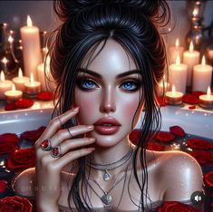 a beautiful woman with blue eyes in a tub filled with candles and red rose petals