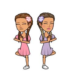 two girls are standing with their arms crossed and one girl is wearing a flower in her hair