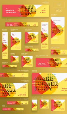 an assortment of business cards and envelopes with different designs on the front, back and side