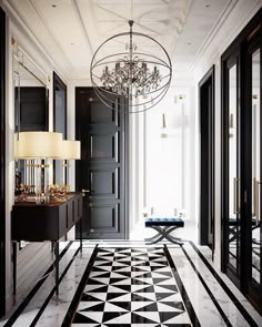 a black and white checkered floor with chandelier hanging from the ceiling in an elegant hallway