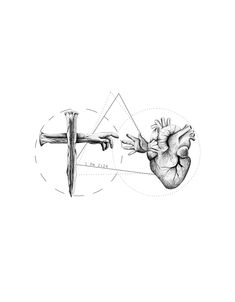 a drawing of a cross and a human heart