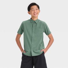 Boys' Textured Woven Shirt - All In Motion™ North Green L Collared Shirt For School In Summer, Collared Summer Shirt For School, Green Shirt For School In Summer, Casual Collared School Shirt, Casual Collared Shirt For School, Classic Short Sleeve School Shirt, Classic Short Sleeve Shirt For School, Solid Summer Shirt For School, Solid Color Summer School Tops