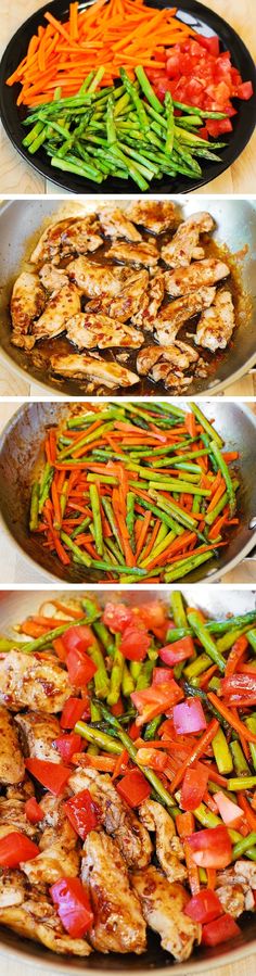 the process of cooking chicken, carrots and asparagus