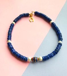 Heishi Bead Boho Necklace, Boho Necklace for Women, Gift for Mom, Gift for Her, Gift for Women, Anniversary Gift, Tibetan Nepal Necklace 'One of a kind special design' 'Coral Lapis Lazuli Pendant with Vintage Cultured Freshwater Pearl with Blue Heishi Beads' Please see the rest of my collection here: https://victoriadesignstoree.etsy.com Ethnic Jewelry Indian, Beaded Boho Necklace, Necklace Art Deco, Vintage Style Necklace, Necklace Art, Lapis Lazuli Pendant, Art Deco Pendant, Jewelry Indian, Unique Necklace