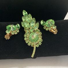 This Set Is Extremely Hard To Find. I Was Able To Purchase From An Estate. It Is Uranium Glass (See Video) And Is Confirmed Juliana. The Brooch Is Approx 3 Inches Long. The Earrings Approx 1.25 Inches Long. The Larger Center Stones Are Rivoli Set With A Small Ab Crystal In Center. Juliana Is Collectible And Valuable. 126 Juliana Jewelry, Jewelry Board, Book Pieces, Jewelry Boards, Green And Gold, Costume Jewelry, A Book, Earring Set, Women Jewelry