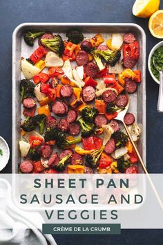 sheet pan sausage and veggies on a tray