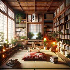 a living room filled with lots of books and plants