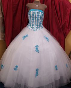 Blue Lace Bodice Ball Gown For Quinceanera, Blue Embellished Fitted Quinceanera Dress, Fitted White Dress For Quinceanera, White Fitted Dress For Quinceanera, White Fitted Quinceanera Party Dress, Fitted White Quinceanera Dress, Fitted Sleeveless Blue Quinceanera Dress, White Embellished Dress For Quinceanera, Fitted White Ball Gown Quinceanera Dress