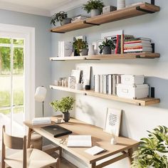 a desk with some books and plants on it