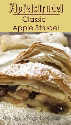 an apple strudel with powdered sugar on top and the words, applestuffed classic apple strudel