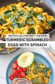 scrambled eggs with spinach and tomatoes in a skillet on a white counter top