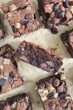 chocolate brownies cut into squares and stacked on top of each other