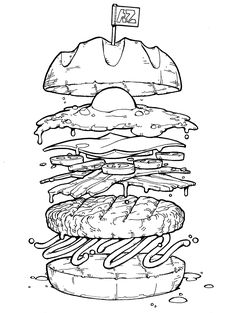 a drawing of a hamburger with bacon and cheese on it