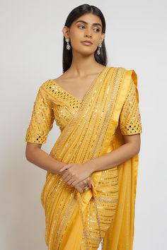 Yellow Georgette Sequins Hand Embroidered Saree Set by Yoshita Couture at Pernia's Pop Up Shop 2024 Yellow Saree With Cutdana Embroidery, Yellow Georgette Saree With Cutdana, Yellow Embroidered Pre-draped Saree, Yellow Semi-stitched Georgette Pre-draped Saree, Yellow Unstitched Georgette Saree