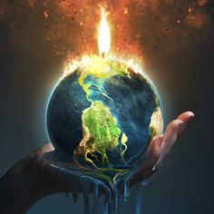 a hand holding a melting globe with fire coming out of it