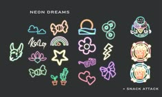 neon stickers with different shapes and colors on black background, including the words neon dreams