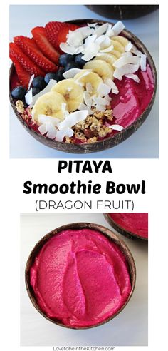 two bowls filled with fruit and yogurt next to each other