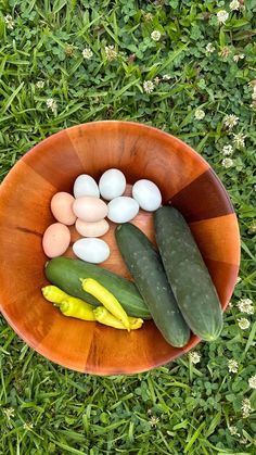 an orange bowl with eggs, cucumbers and pickles in it on the grass