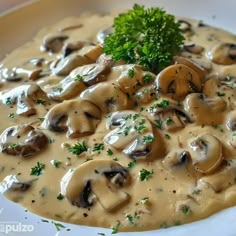 a white plate topped with mushrooms covered in gravy