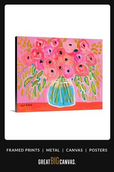 a painting of pink flowers in a blue vase