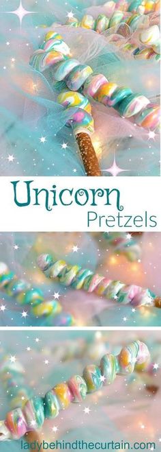 the unicorn pretzels are colorfully decorated with stars and sparkles on them