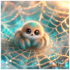 a small brown and white animal sitting on top of a blue netted area with gold sparkles