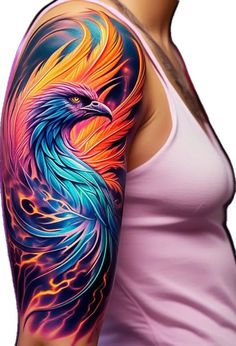 a woman's arm with a colorful bird tattoo on the left shoulder and right arm