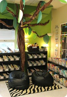 two bean bag chairs sitting in front of a book shelf filled with books and dvds