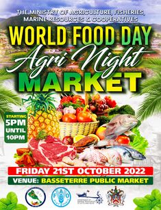 the world food day flyer is shown in green and white colors, with an image of various