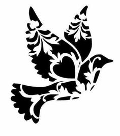 a black and white silhouette of a bird with hearts in its beak, on a white background