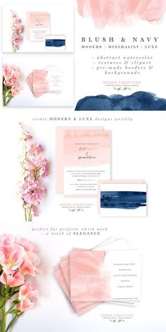 the wedding stationery is laid out on top of each other, with pink flowers