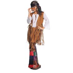 Feel the peace and love in our women's hippie costume. With a fringed faux suede vest, velvet patchwork print bell bottoms and headband, you'll be ready to spread good vibes everywhere you go! Care Instructions: Hand wash cold water with mild soap. Tumble dry low. For best results hang or lay flat to dry. 60s Peace, Hippie Costume Halloween, Printed Bell Bottoms, Party City Costumes, 70s Costume, Hot Halloween, Clever Halloween, Hippie Halloween, Moda Hippie