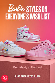 Dreaming of a Pink Christmas? These Barbie sneakers are only available at Famous Footwear. Barbie Sneakers, Dreaming Of A Pink Christmas, A Pink Christmas, Pink Christmas, Character Shoes, Pink, Christmas