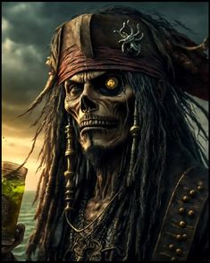 a pirate with dreadlocks holding a drink in front of an ocean and cloudy sky