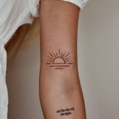 Sunset Tattoos | Tattoofilter Beach Soul Tattoo, Minimalist Bicep Tattoos For Women, Sea Art Tattoo, Sun And Waves Tattoo Simple, Sunrise Tattoo Inner Arm, Sunrise Elbow Tattoo, Sunset Tattoos Minimalist, Rising Above Tattoo, Boho Sunrise Tattoo