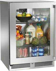 an image of a refrigerator with food and drinks on the shelves labeled in blue text