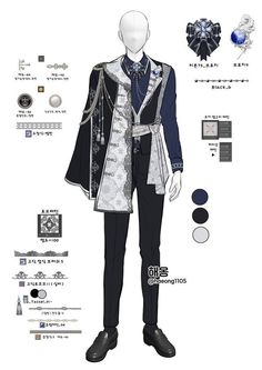 an anime character is dressed up in black and white clothing with blue accents on it