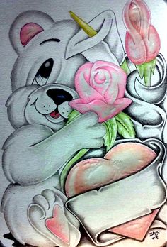 a drawing of a teddy bear holding roses