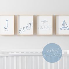 three framed pictures hanging on the wall above a crib in a baby's room